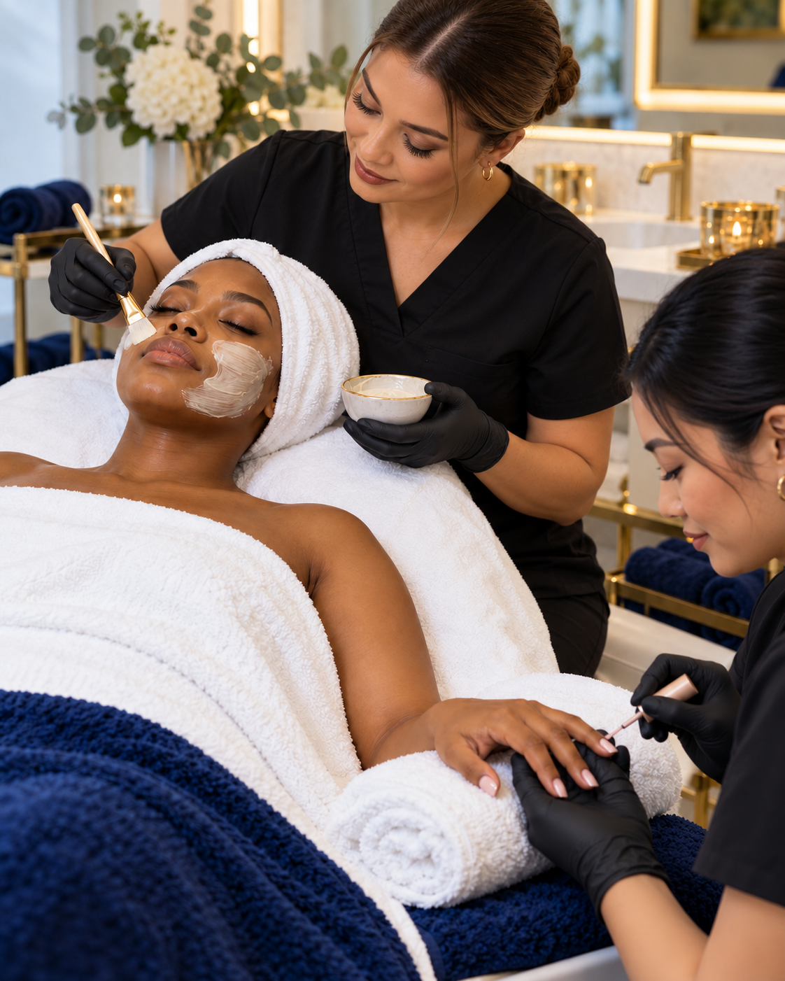 Illustrative diverse beauty team providing both nail and facial services