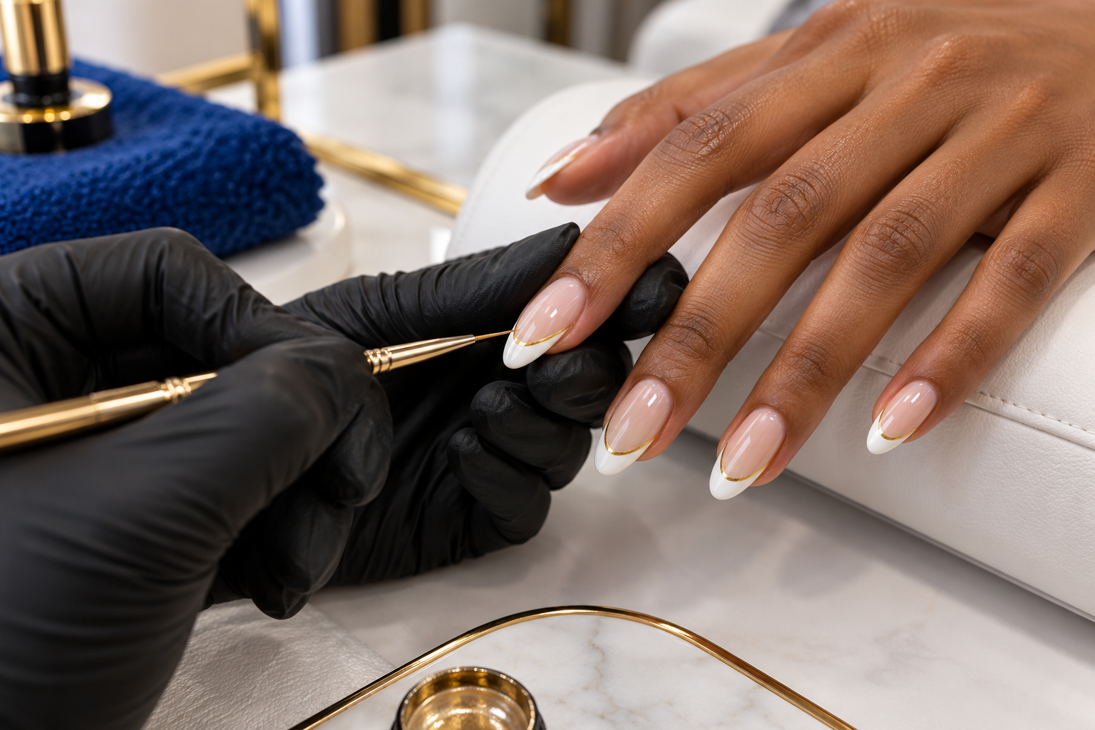Illustrative French manicure with gold detailing